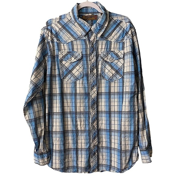 𝅺RED Snap Blue and White Plaid Pearl Snap Western Shirt Size XL - Picture 1 of 7